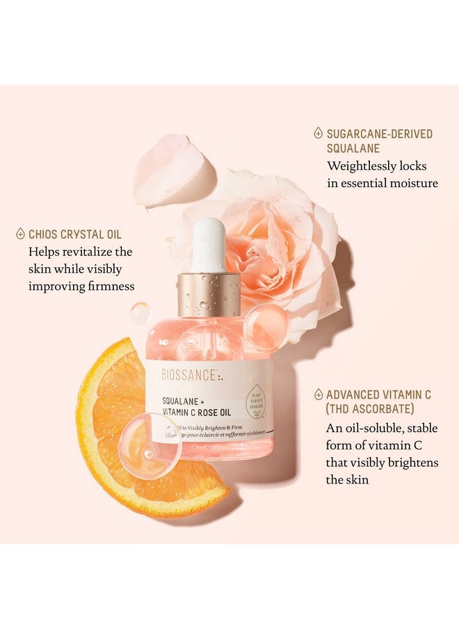 BIOSSANCE Squalane + Vitamin C Rose Oil, Advanced Facial Oil - Brightening, Firming, and Hydrating Serum for All Skin Types - Chios Crystal Oil, Damascus Rose Extract & Squalane for Radiance - 1oz