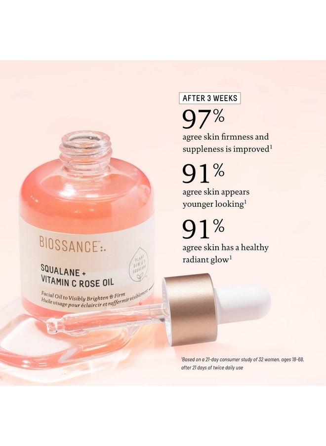 BIOSSANCE Squalane + Vitamin C Rose Oil, Advanced Facial Oil - Brightening, Firming, and Hydrating Serum for All Skin Types - Chios Crystal Oil, Damascus Rose Extract & Squalane for Radiance - 1oz