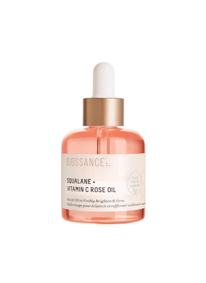 BIOSSANCE Squalane + Vitamin C Rose Oil, Advanced Facial Oil - Brightening, Firming, and Hydrating Serum for All Skin Types - Chios Crystal Oil, Damascus Rose Extract & Squalane for Radiance - 1oz