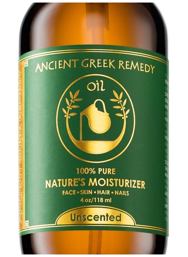 Ancient Greek Remedy Unscented Organic Face and Body Oil made of Olive, Almond, Jojoba, and vitamin E oil for Sensitive Dry Skin, Hair, Nails. Anti Aging Moisturizer for Women, Men 4oz