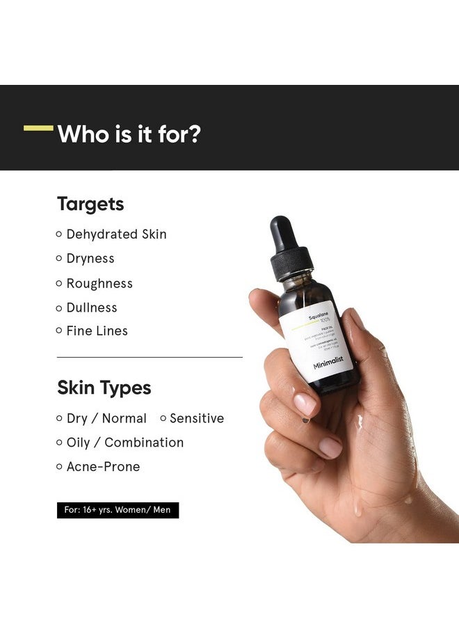 Minimalist Squalane 100% (Plant Derived) Super-Lightweight Face Oil | Improves Skin Hydration, Provides light Moisturization & Reduces Fine Lines | 30 ml