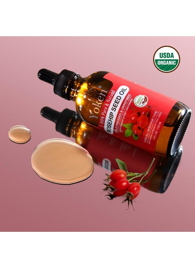 Yoken USDA Organic Rosehip Seed Oil For Face,100% Pure Rosehip Oil For Skin,Scars,Hair & Nails.4 fl Oz Cold Pressed Rose Hips Oil For Skin Care, Anti-Aging, Scar Treatment, GUA SHA Massage Carrier Oil