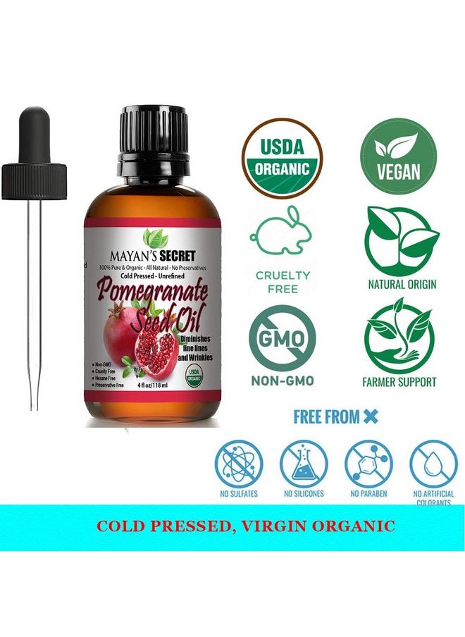 Mayan's Secret USDA Certified Organic Pomegranate Seed Oil for Skin Repair -Large 4oz Glass Bottle Cold Pressed and Pure Rejuvenating Oil for Skin, Hair and Nails