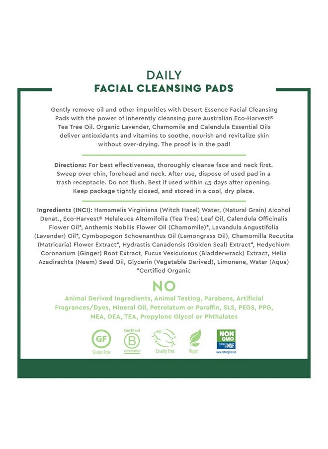 Desert Essence Natural Tea Tree Oil Facial Cleansing Pads - 50 Count - Pack of 3 - Face Cleanser - Soothes & Calms Skin - Makeup Remover Pads - Removes Oil & Dirt - Great for Travel - Essential Oils