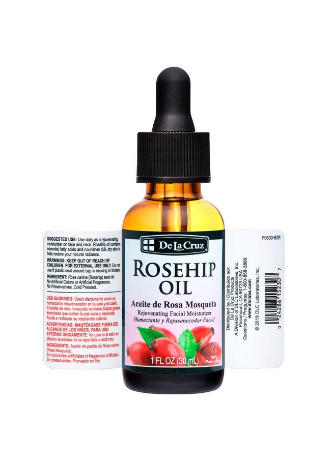 De La Cruz Rosehip Oil, 100% Pure Unrefined Cold-Pressed Chilean Rosehip Seed Oil, Moisturizer To Reduce Fine Lines, Wrinkles 1Fl Oz