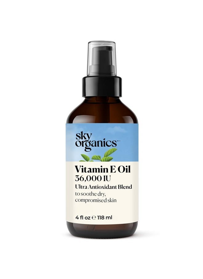 Sky Organics Vitamin E Oil for Face, 36,000 IU Ultra Antioxidant Blend to Deliver Reparative Moisture and Soothe Dry, Damaged & Compromised Skin, 100% Pure Cold-Pressed Facial Oil, 4 fl oz