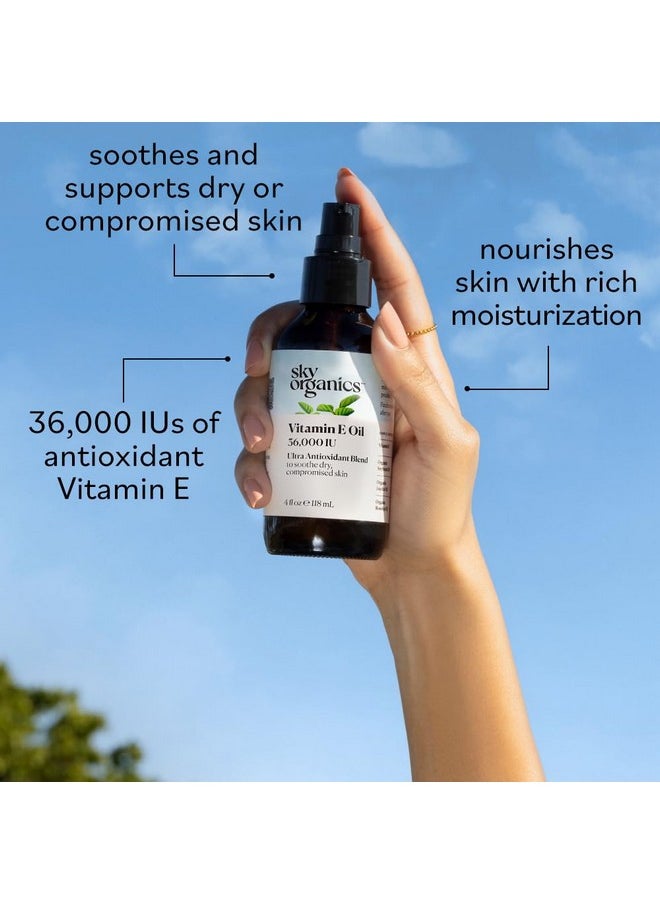 Sky Organics Vitamin E Oil for Face, 36,000 IU Ultra Antioxidant Blend to Deliver Reparative Moisture and Soothe Dry, Damaged & Compromised Skin, 100% Pure Cold-Pressed Facial Oil, 4 fl oz