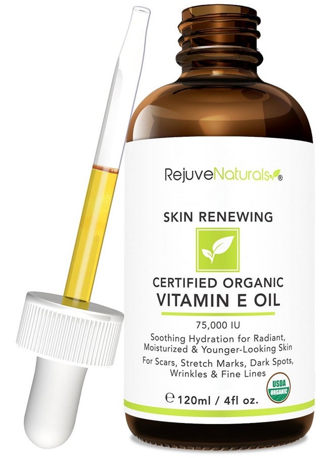 Vitamin E Oil - 100% All Natural & USDA Organic (LARGE 4oz Bottle) Repair Dry, Damaged Skin from Surgery & Acne, Age Spots & Wrinkles. For Radiant, Hydrated & Youthful Skin. Face & Body Moisturizer