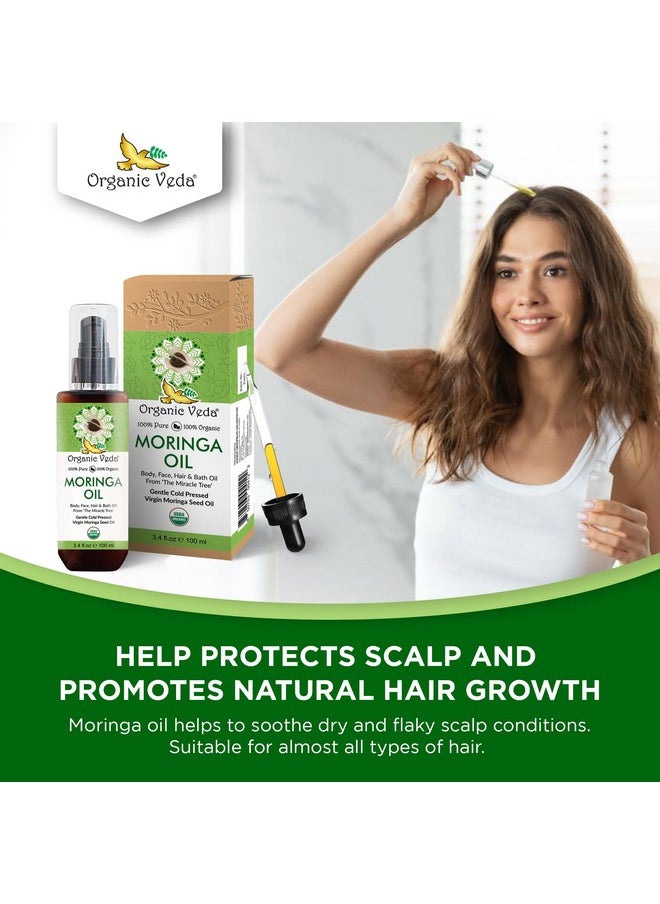 Organic Veda Moringa Oil - USDA Cold Pressed Virgin Moringa Seed Oil - 100% Pure Moringa Skin Care Oil Moisturizer for Face, Nails, Foot, Body & Hair - Unrefined, Vegan & Gluten Free - 3.4 fl oz