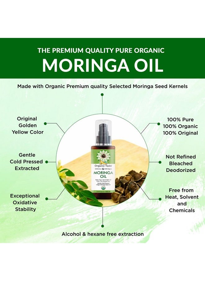 Organic Veda Moringa Oil - USDA Cold Pressed Virgin Moringa Seed Oil - 100% Pure Moringa Skin Care Oil Moisturizer for Face, Nails, Foot, Body & Hair - Unrefined, Vegan & Gluten Free - 3.4 fl oz