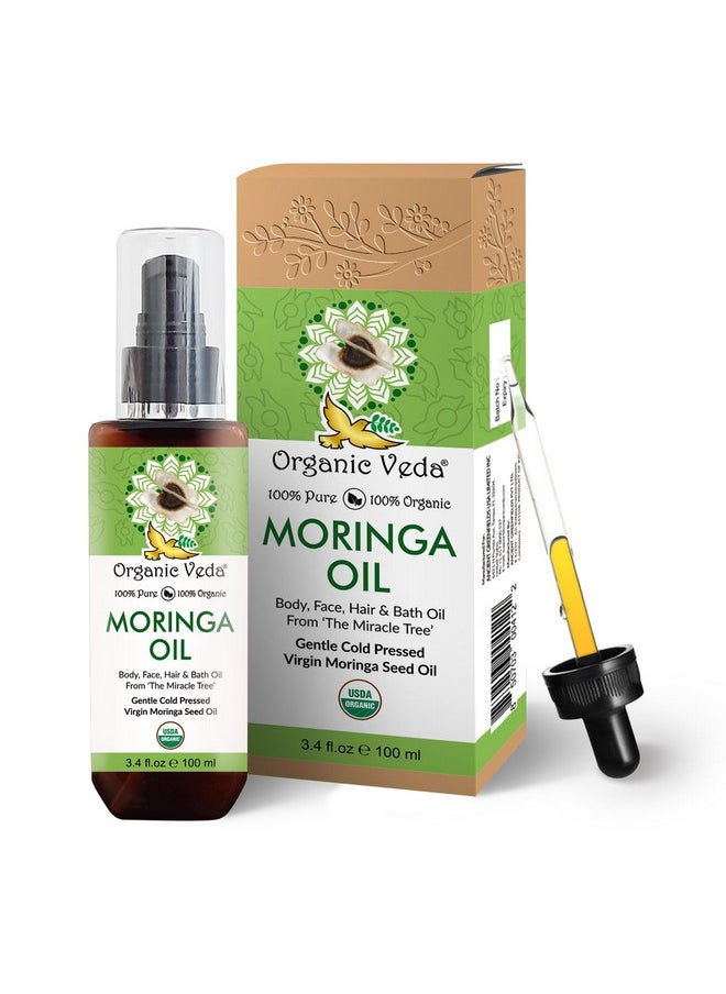 Organic Veda Moringa Oil - USDA Cold Pressed Virgin Moringa Seed Oil - 100% Pure Moringa Skin Care Oil Moisturizer for Face, Nails, Foot, Body & Hair - Unrefined, Vegan & Gluten Free - 3.4 fl oz