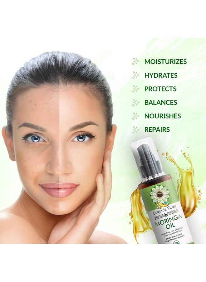 Organic Veda Moringa Oil - USDA Cold Pressed Virgin Moringa Seed Oil - 100% Pure Moringa Skin Care Oil Moisturizer for Face, Nails, Foot, Body & Hair - Unrefined, Vegan & Gluten Free - 3.4 fl oz