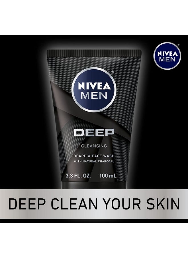 NIVEA MEN DEEP Cleansing Beard and Face Wash, Natural Charcoal Facial Cleanser Helps Remove Dirt and Excess Oils, 3 Pack of 3.3 Fl Oz Tubes
