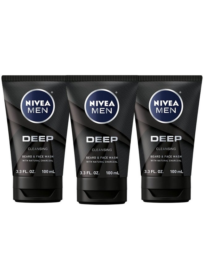 NIVEA MEN DEEP Cleansing Beard and Face Wash, Natural Charcoal Facial Cleanser Helps Remove Dirt and Excess Oils, 3 Pack of 3.3 Fl Oz Tubes
