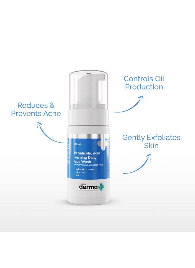 The Derma Co 1% Salicylic Acid Foaming Face Wash for Active Acne & Clogged Pores | Gently Cleanses & Exfoliates | Fights Acne | Suits Oily, Acne Prone Skin | 3.38 Fl Oz/100ml