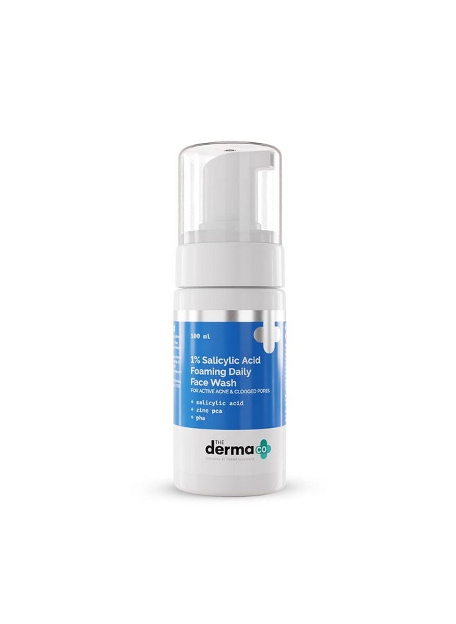The Derma Co 1% Salicylic Acid Foaming Face Wash for Active Acne & Clogged Pores | Gently Cleanses & Exfoliates | Fights Acne | Suits Oily, Acne Prone Skin | 3.38 Fl Oz/100ml