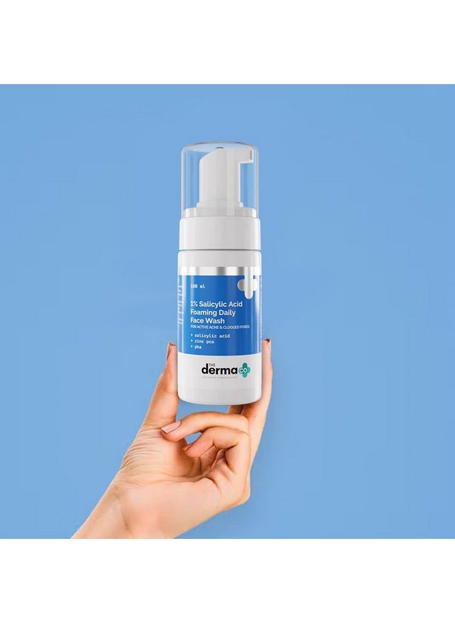 The Derma Co 1% Salicylic Acid Foaming Face Wash for Active Acne & Clogged Pores | Gently Cleanses & Exfoliates | Fights Acne | Suits Oily, Acne Prone Skin | 3.38 Fl Oz/100ml