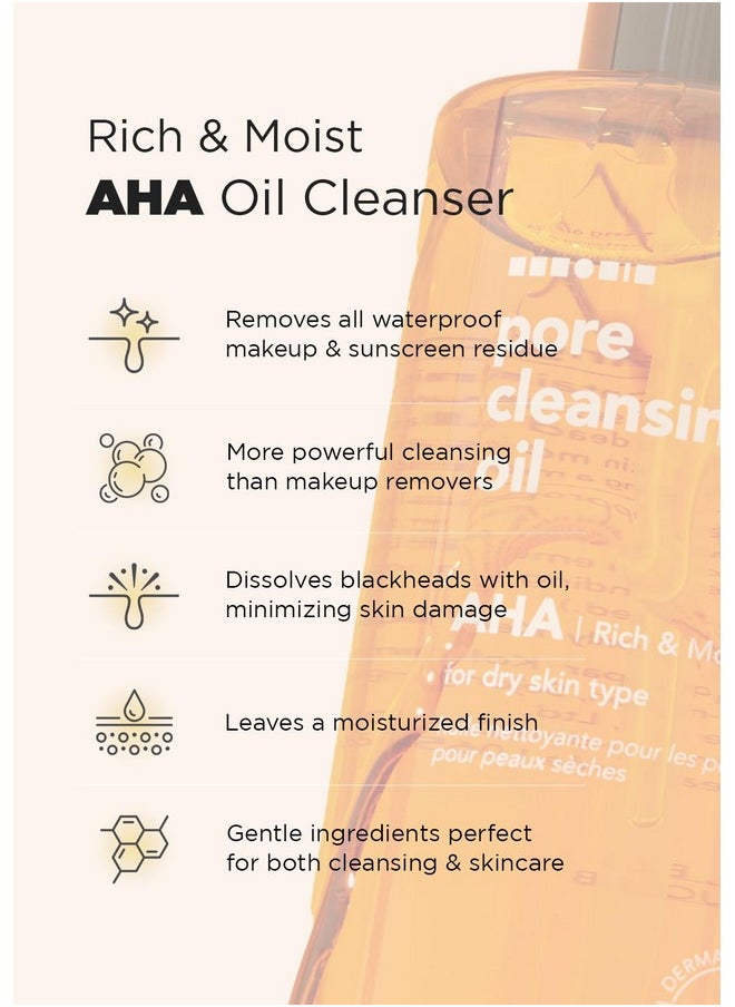 Hanskin AHA Pore Cleansing Oil for Dry Skin, Exfoliating, Waterproof Makeup Remover Facial Cleanser, Moisturizing for Soft Skin, Korean Skincare [AHA/10.14 oz.]
