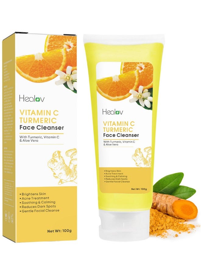 Healov Turmeric Face Wash - Skin Brightening Turmeric Liquid Soap for Discoloration - Natural Anti Aging Exfoliating Turmeric Facial Cleanser for Spots, Acne, Sun Damage - Turmeric Soap Skincare