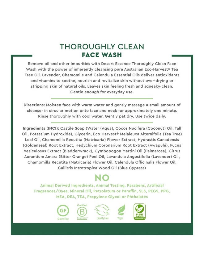 Desert Essence Thoroughly Clean Face Wash with Tea Tree Oil, Castile Soap and Coconut Oil - Organic Facial Cleanser for Sensitive and Oily Skin, Vegan & Cruelty-Free, 32 fl oz