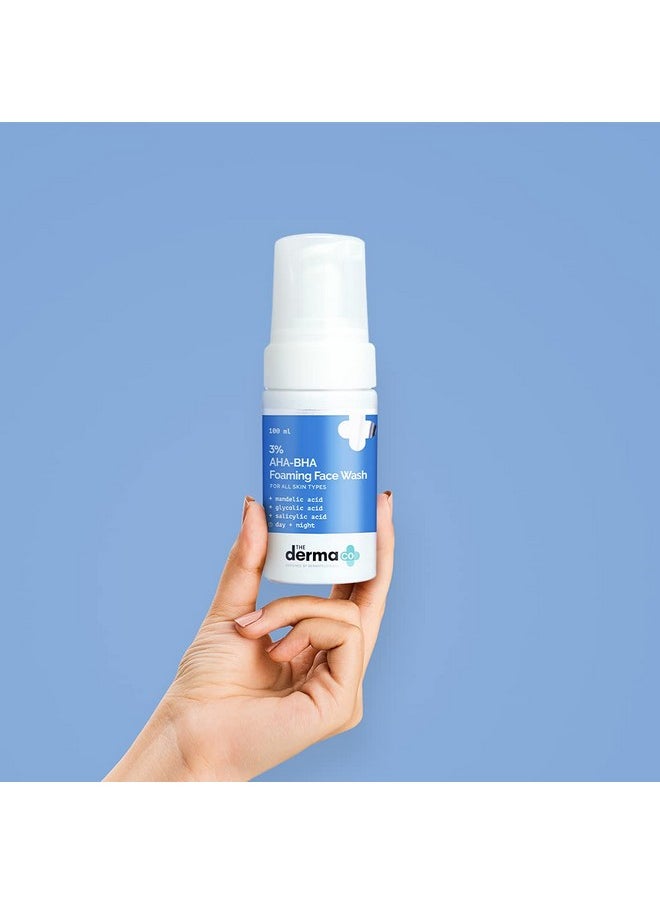 The Derma Co 3% AHA-BHA Foaming Face Wash for All Skin Types | Gently Exfoliates & Controls Acne | Oil-Free Facial Buildup Cleanser | 3.38 Fl Oz/100ml