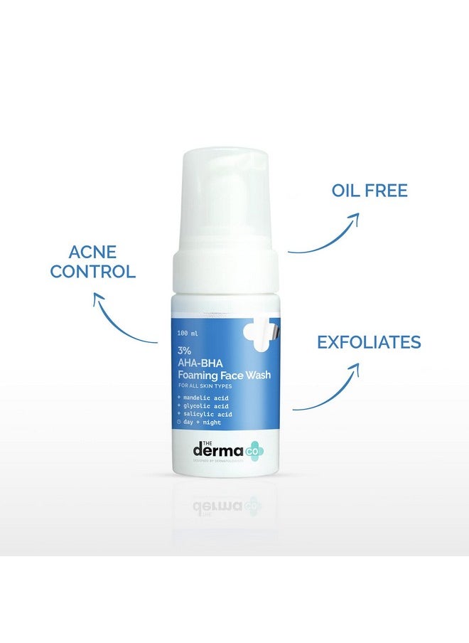 The Derma Co 3% AHA-BHA Foaming Face Wash for All Skin Types | Gently Exfoliates & Controls Acne | Oil-Free Facial Buildup Cleanser | 3.38 Fl Oz/100ml