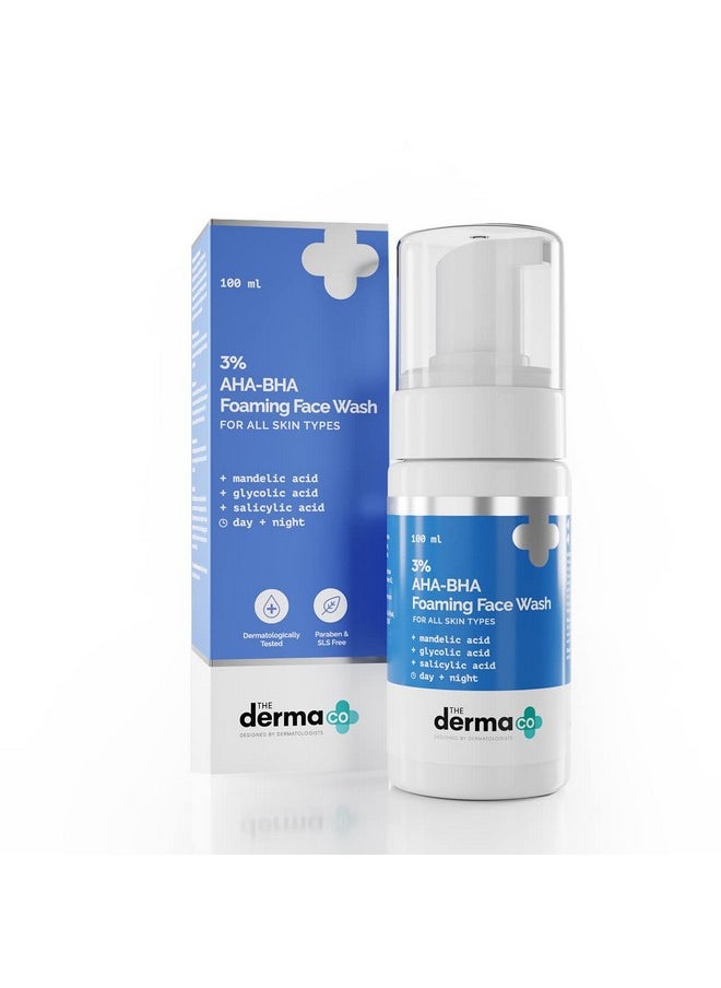 The Derma Co 3% AHA-BHA Foaming Face Wash for All Skin Types | Gently Exfoliates & Controls Acne | Oil-Free Facial Buildup Cleanser | 3.38 Fl Oz/100ml