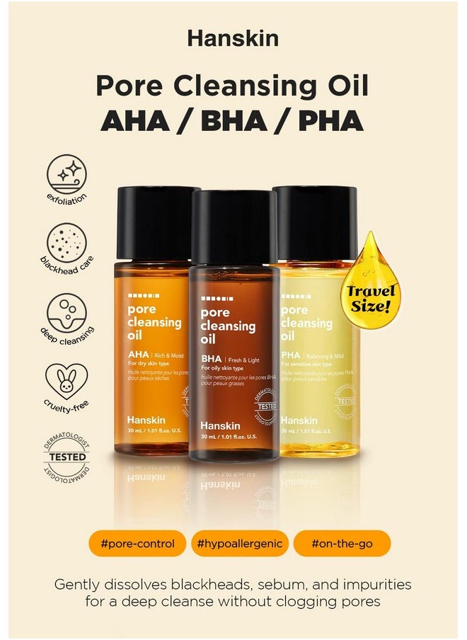 Hanskin PHA/BHA/AHA Trial Size Pore Cleansing Oil, Gentle Blackhead Cleanser and Makeup Remover for Combination and Oily Skin Travel Size Mini Makeup Remover Set [1 oz/Pack of 3]