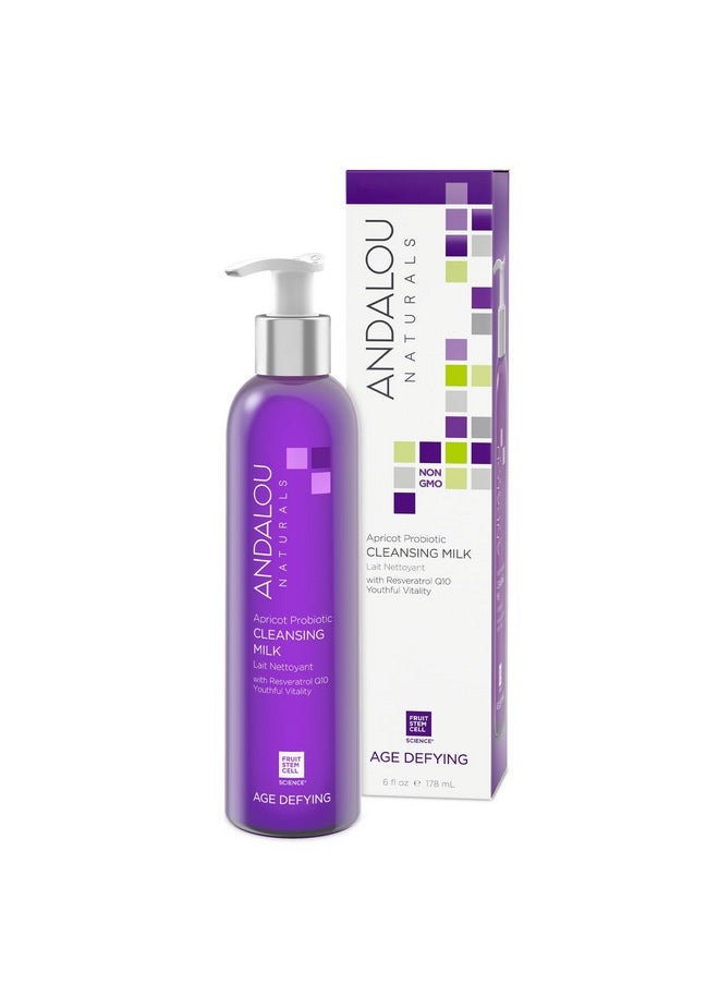 Andalou Naturals Probiotic Cleansing Milk, Apricot Facial Cleanser for Dry, Dehydrated Skin, Gentle Makeup Remover, Hydrating Anti Aging Face Wash, Cruelty Free, 6 Fl Oz