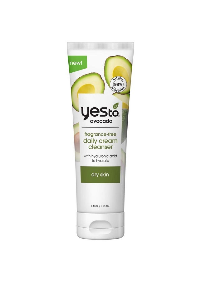 Yes To Avocado Fragrance Free Daily Cream Cleanser, Hydrating Face Wash That Removes Makeup & Impurities Leaving Skin Moisturized With Hyaluronic Acid & Glycerin, Natural Vegan & Cruelty Free, 4 Fl Oz