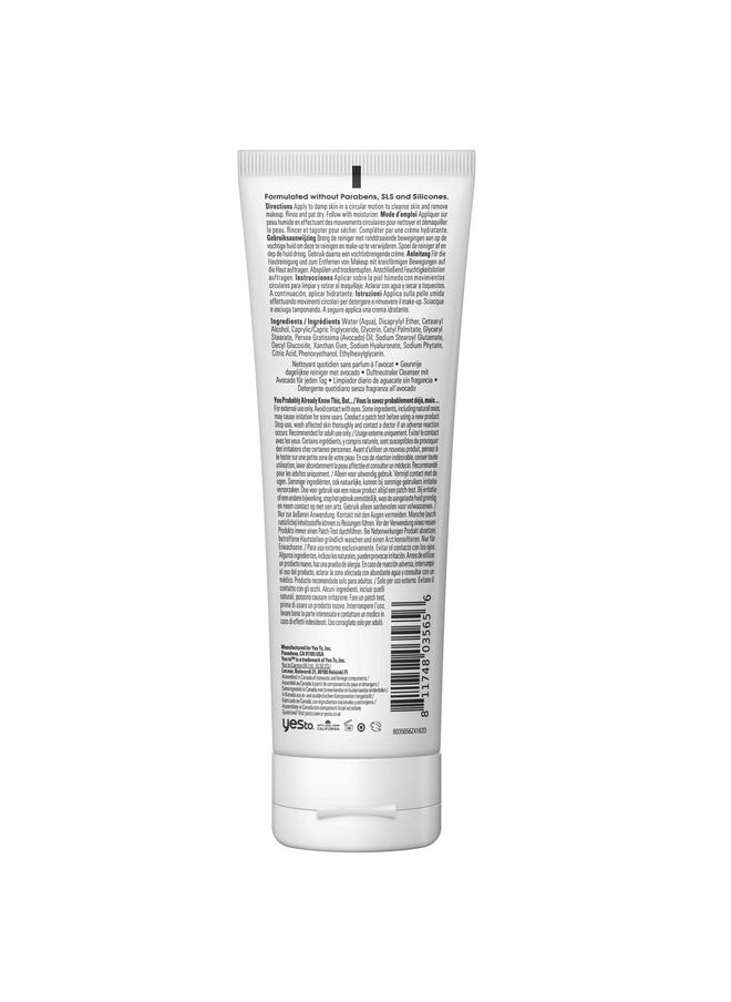 Yes To Avocado Fragrance Free Daily Cream Cleanser, Hydrating Face Wash That Removes Makeup & Impurities Leaving Skin Moisturized With Hyaluronic Acid & Glycerin, Natural Vegan & Cruelty Free, 4 Fl Oz