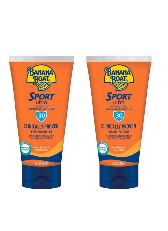Banana Boat Sport Ultra Sunscreen Lotion SPF 30, Travel Size 3oz Twin Pack, Sweat & Water Resistant Sunblock for Active Lifestyle(Pack of 2)