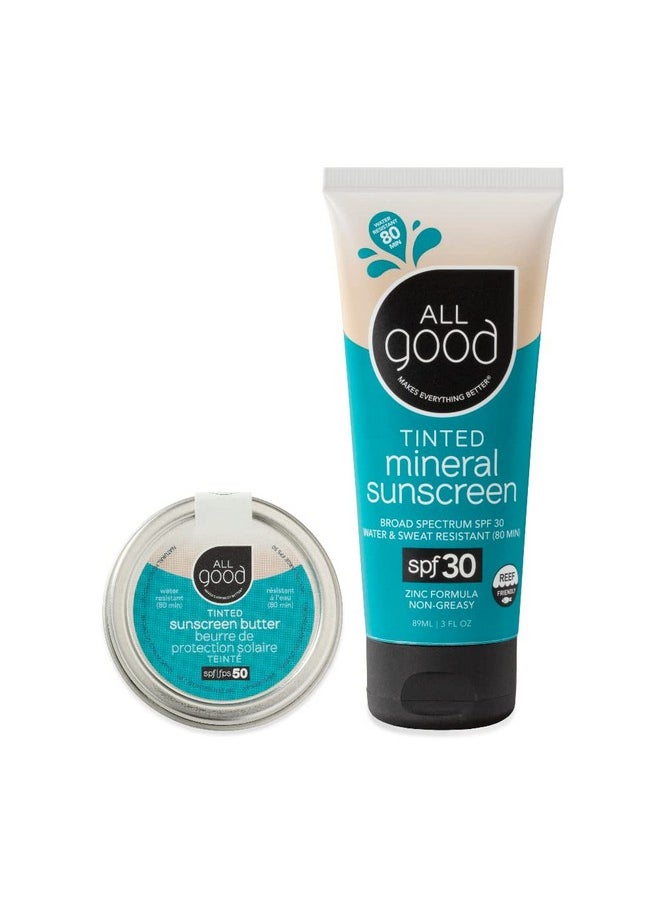 All Good Tinted Mineral Sunscreen Combo Pack - SPF 30 Lotion & SPF 50 Butter - Zinc Oxide - Coral Reef Safe - Water Resistant - UVA/UVB Broad Spectrum (Combo)