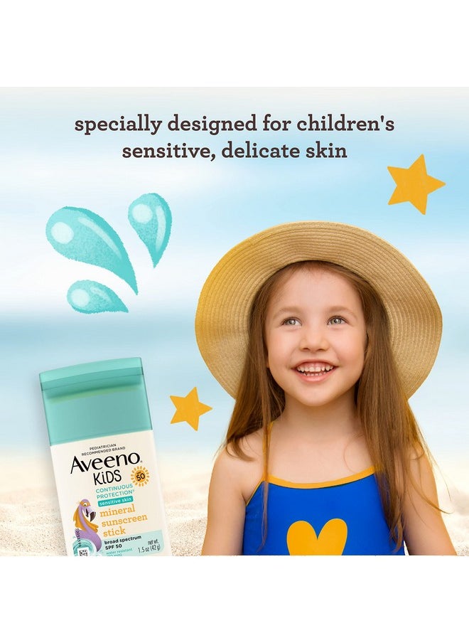 Aveeno Kids Continuous Protection Zinc Oxide Mineral Sunscreen Stick for Sensitive Skin, Face & Body Sunscreen Stick for Kids with Broad Spectrum SPF 50, Sweat- & Water-Resistant, 1.5 oz