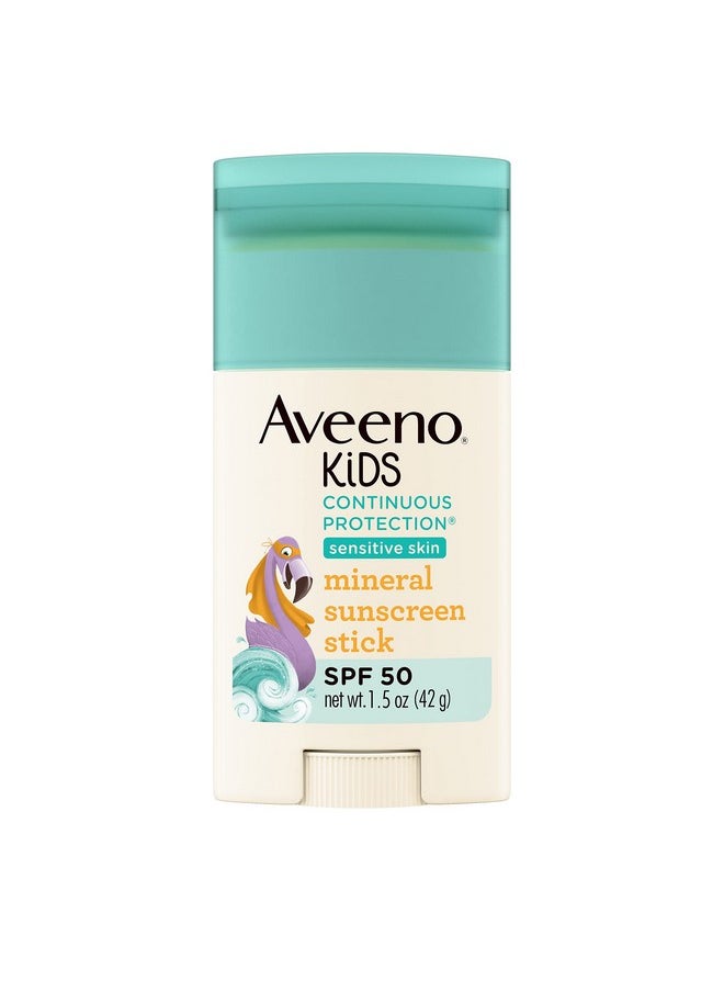 Aveeno Kids Continuous Protection Zinc Oxide Mineral Sunscreen Stick for Sensitive Skin, Face & Body Sunscreen Stick for Kids with Broad Spectrum SPF 50, Sweat- & Water-Resistant, 1.5 oz