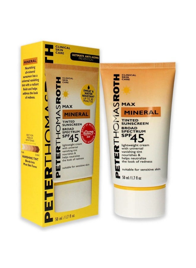 Peter Thomas Roth | Max Mineral Tinted Sunscreen Broad Spectrum SPF 45 | Tinted Moisturizer with SPF, Water-Resistant Mineral Sunscreen For Sensitive Skin, 1.7 Fl Oz. (Pack of 1)