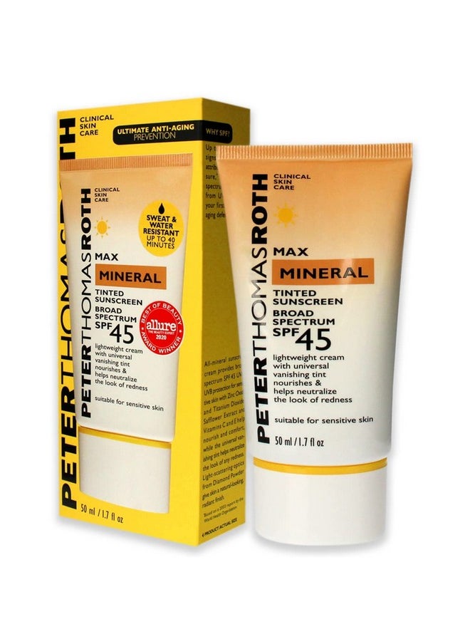 Peter Thomas Roth | Max Mineral Tinted Sunscreen Broad Spectrum SPF 45 | Tinted Moisturizer with SPF, Water-Resistant Mineral Sunscreen For Sensitive Skin, 1.7 Fl Oz. (Pack of 1)