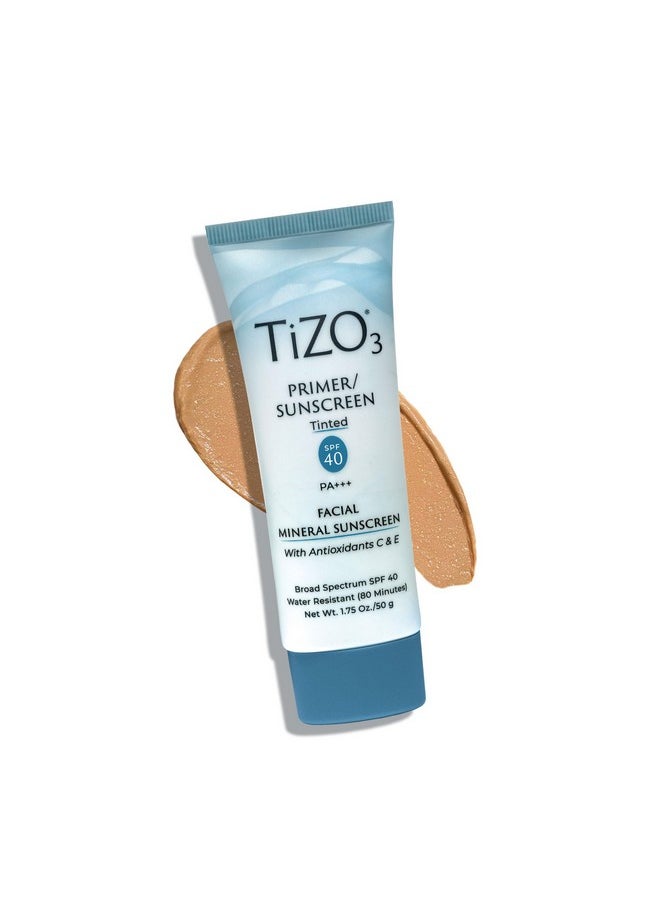 TiZO3 Facial Mineral Sunscreen and Primer, Tinted Broad Spectrum SPF 40 with Antioxidants, Sheer matte finish, Fragrance-Free, Oil-Free, Dermatologist-recommended, PA+++ 1.75 oz