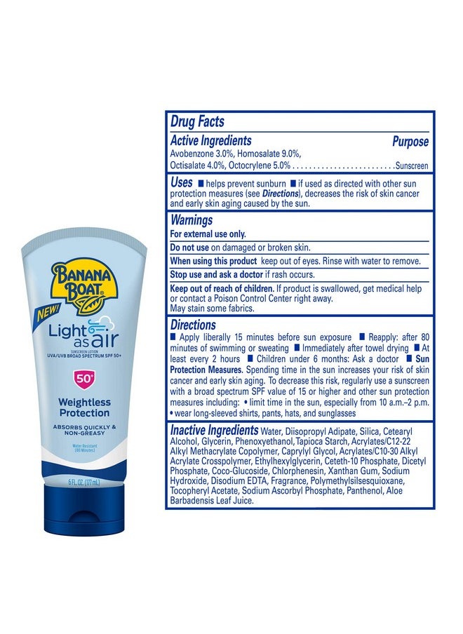Banana Boat Light As Air Sunscreen Lotion SPF 50 Twin Pack | Lightweight Sunscreen, Lotion Sunscreen, Banana Boat Sunscreen Lotion for Body, Non-Greasy Sunscreen, Oxybenzone Free Sunscreen, 6oz each