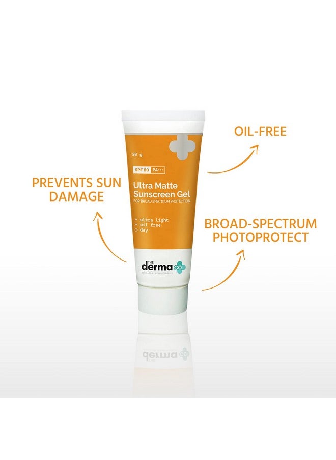 The Derma Co Ultra Matte Sunscreen Gel with SPF 60 & PA+++ | Broad Spectrum Protection | Helps Prevent Sun Damage | Oil-Free Formula for Acne-Prone Skin | 1.76 Oz/50g