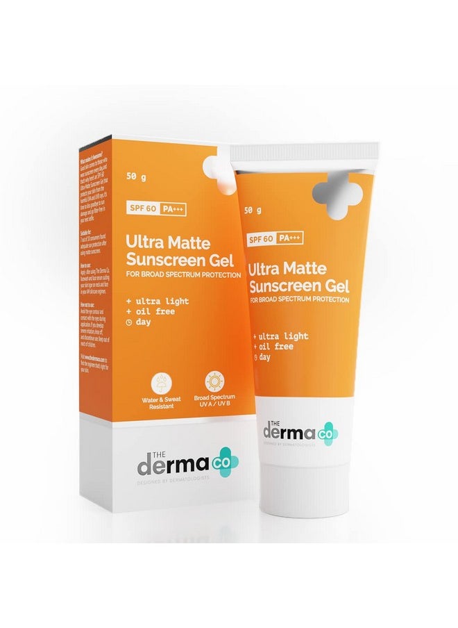 The Derma Co Ultra Matte Sunscreen Gel with SPF 60 & PA+++ | Broad Spectrum Protection | Helps Prevent Sun Damage | Oil-Free Formula for Acne-Prone Skin | 1.76 Oz/50g