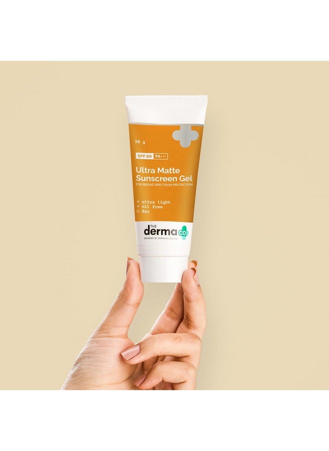 The Derma Co Ultra Matte Sunscreen Gel with SPF 60 & PA+++ | Broad Spectrum Protection | Helps Prevent Sun Damage | Oil-Free Formula for Acne-Prone Skin | 1.76 Oz/50g