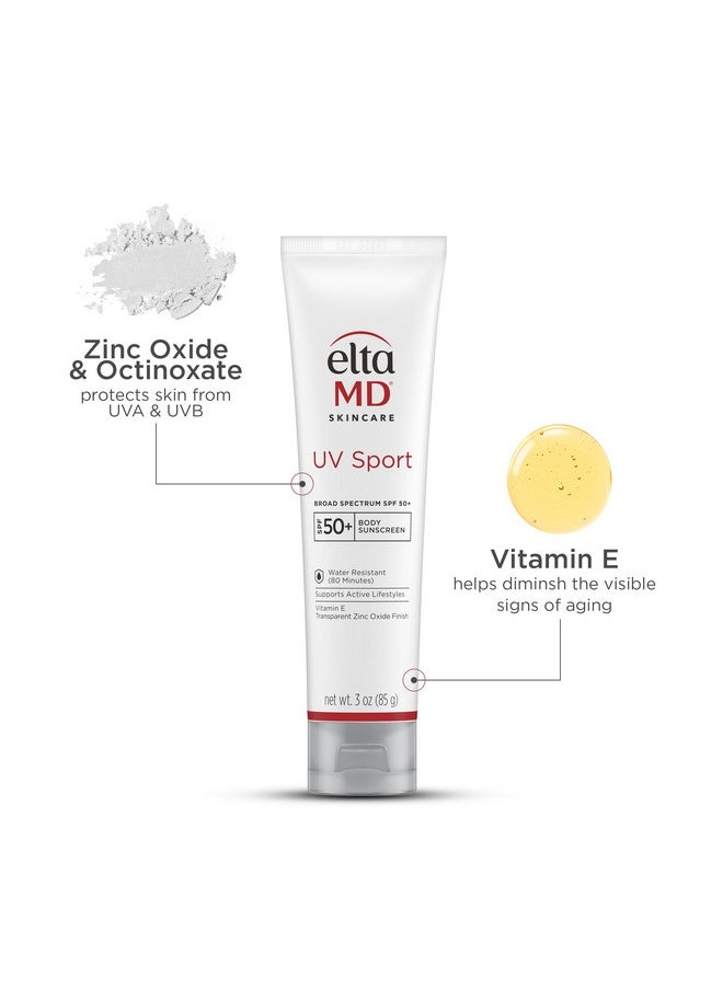 EltaMD UV Sport Sunscreen Lotion, SPF 50 Body Sunscreen, Water and Sweat Resistant, Oil-Free, Zinc Oxide Formula, Travel Size, 3 oz Tube