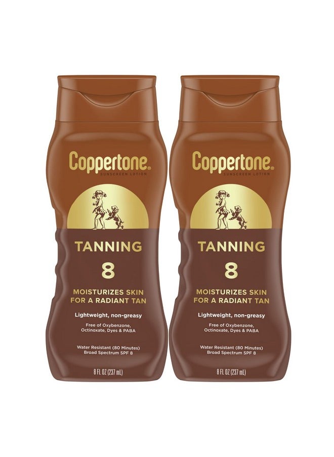 Coppertone Tanning Sunscreen Lotion, Water Resistant Body Sunscreen SPF 8, Broad Spectrum SPF 8 Sunscreen Pack, 8 Fl Oz Bottle, Pack of 2