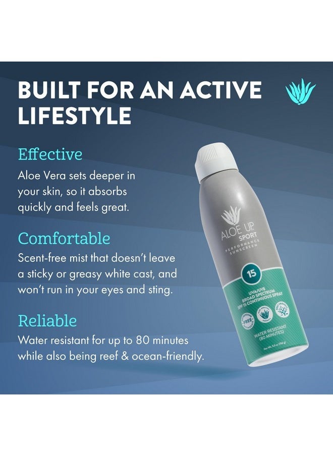 Aloe Up Sport Continuous Spray Sunscreen SPF 15 - Broad Spectrum UVA/UVB Sunscreen Protector for Face and Body - With Aloe Vera Gel - Fast Absorbing Sheer Formula - Reef Safe - Fragrance-Free - 6 Oz