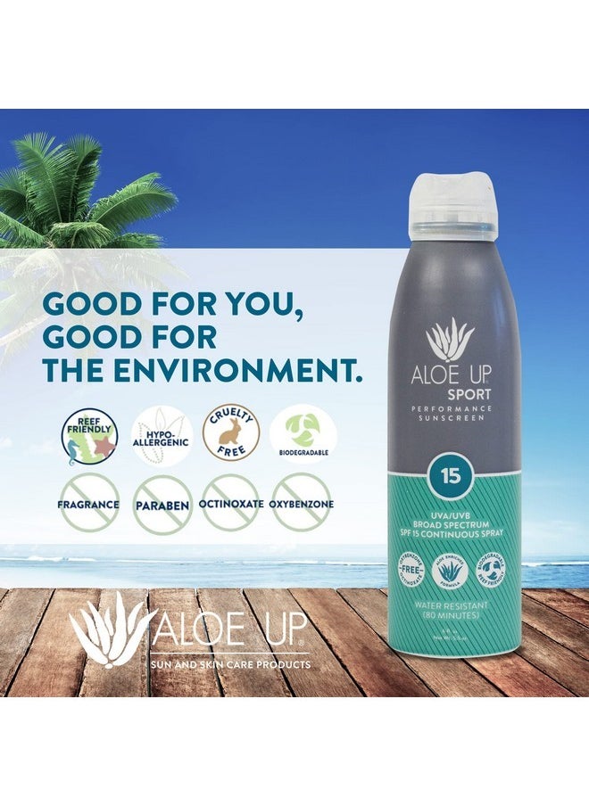 Aloe Up Sport Continuous Spray Sunscreen SPF 15 - Broad Spectrum UVA/UVB Sunscreen Protector for Face and Body - With Aloe Vera Gel - Fast Absorbing Sheer Formula - Reef Safe - Fragrance-Free - 6 Oz