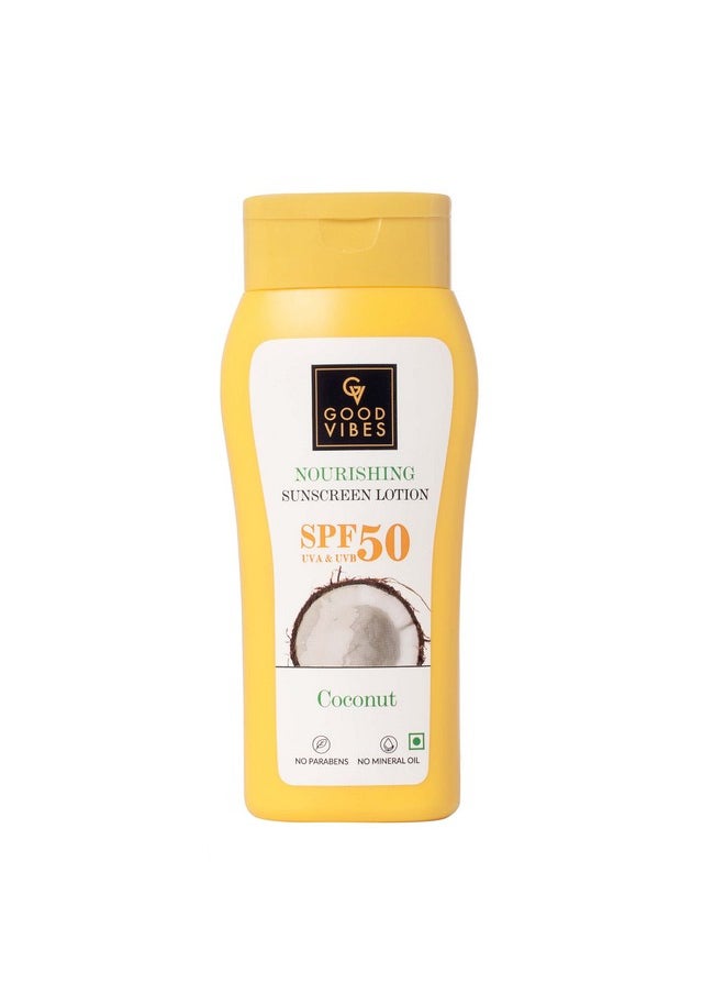 Good Vibes Coconut Nourishing Sunscreen Lotion SPF 50 (110 ml) | Sun Protection For All Skin Types | With Lime & Rosemary Leaf Oil | Soothing, De-Tanning | Vegan, No Parabens, Mineral Oil & Silicones
