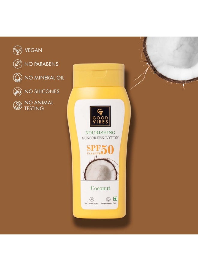 Good Vibes Coconut Nourishing Sunscreen Lotion SPF 50 (110 ml) | Sun Protection For All Skin Types | With Lime & Rosemary Leaf Oil | Soothing, De-Tanning | Vegan, No Parabens, Mineral Oil & Silicones