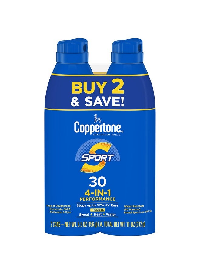 Coppertone Sport Sunscreen Spray SPF 30, Water Resistant Spray Sunscreen, Broad Spectrum SPF 30 Sunscreen, Bulk Sunscreen Pack, 5.5 Oz Bottle, Pack of 2