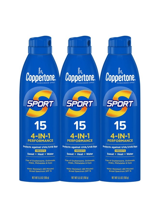 Coppertone Sport Sunscreen Spray, Broad Spectrum SPF 15 Water Resistant Spray Sunscreen, 5.5 Oz, Pack of 3